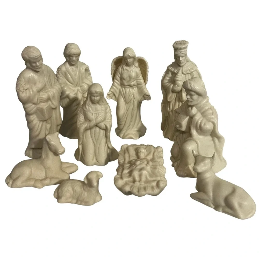 Nativity Scene Set 10 Piece Ceramic Cream Holy Family Angel Wise Men‎ Animals